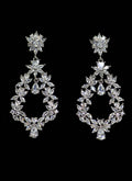 Oval crystal chandelier earrings featuring ornate open teardrop framed by round and marquise stones, product view at…