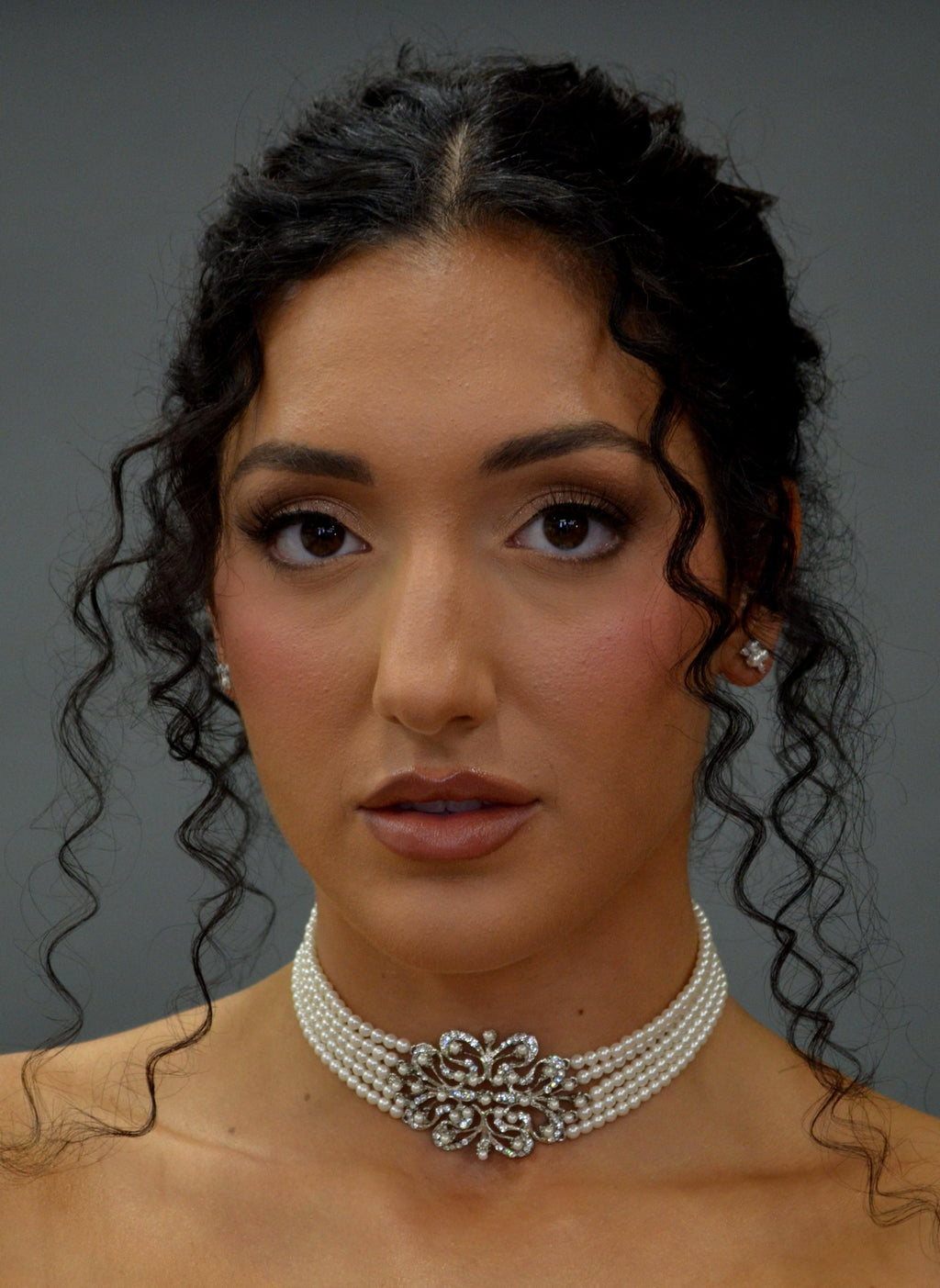 Wide crystal bridal choker featuring close-fitting band with a dimensional center medallion, alternate view at Rebecca’s…
