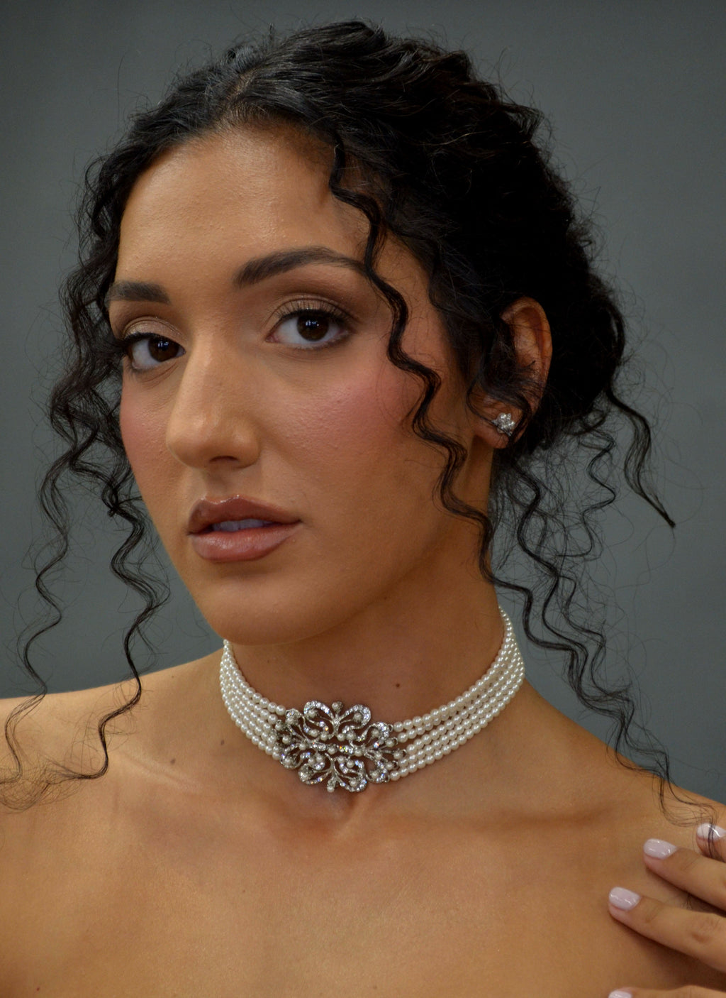Wide crystal bridal choker featuring close-fitting band with a dimensional center medallion, view 4 at Rebecca’s Louisville