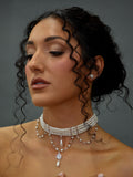 Pearl and crystal choker featuring slim pearl band with graduated crystal-and-pearl drops, product view at Rebecca’s…