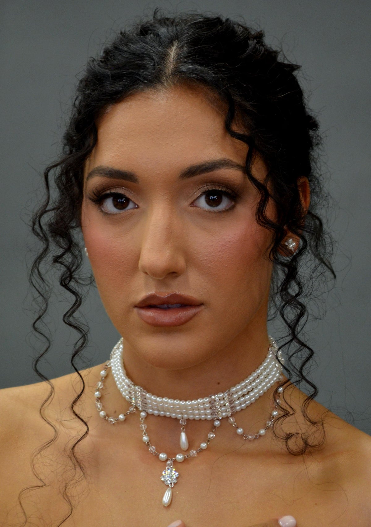 Pearl and crystal choker featuring slim pearl band with graduated crystal-and-pearl drops, alternate view at Rebecca’s…