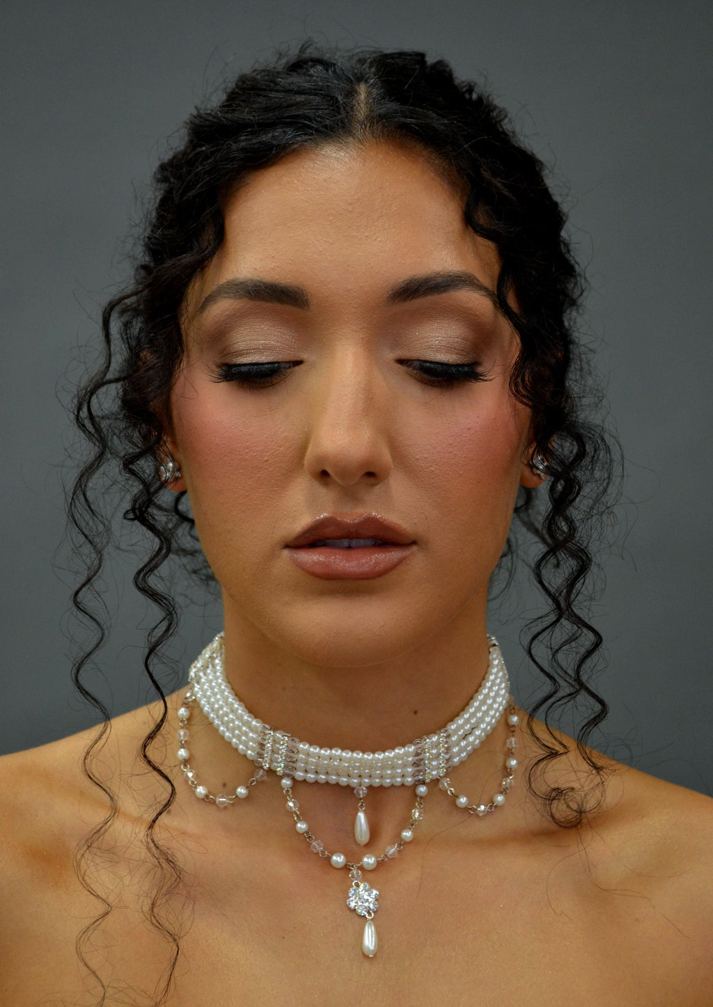 Pearl and crystal choker featuring slim pearl band with graduated crystal-and-pearl drops, view 4 at Rebecca’s Louisville