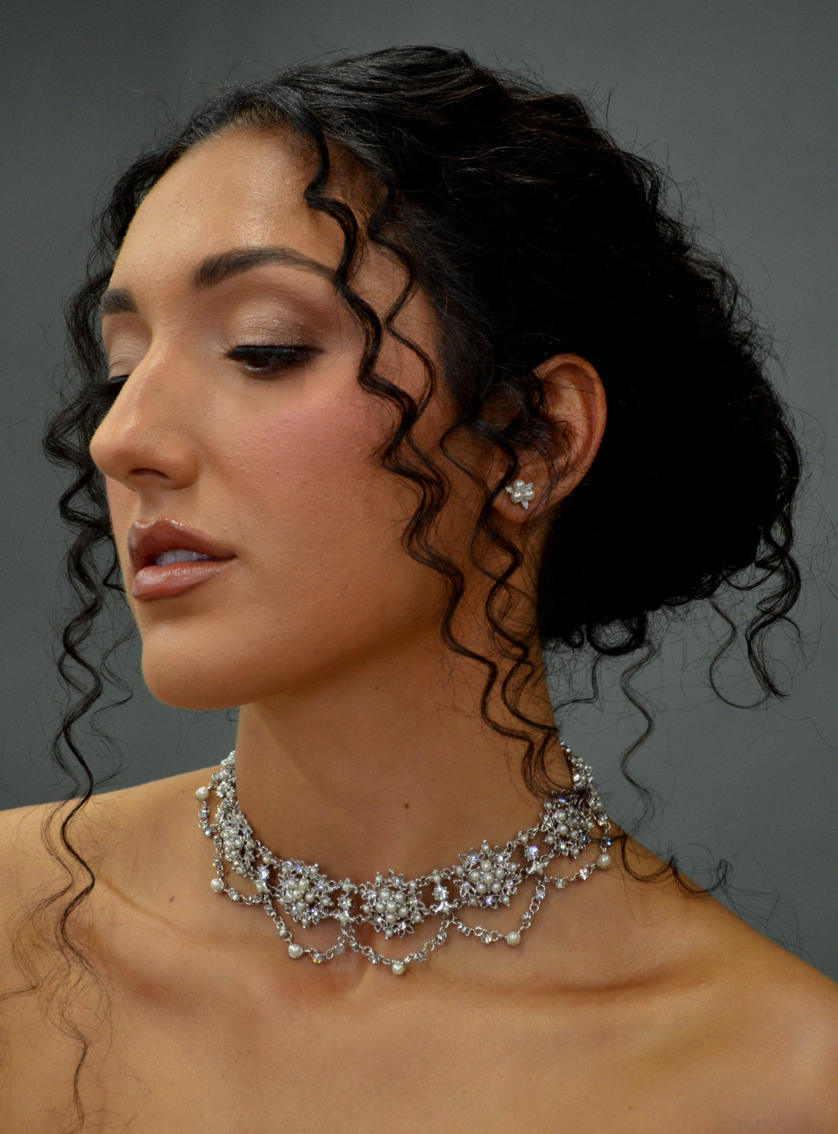 Pearl and crystal scalloped choker featuring close-fitting scalloped design with luminous pearl accents, view 4 at…