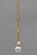 Long pearl and crystal earrings featuring fine linear drop finished with a petite pearl, alternate view at Rebecca’s…