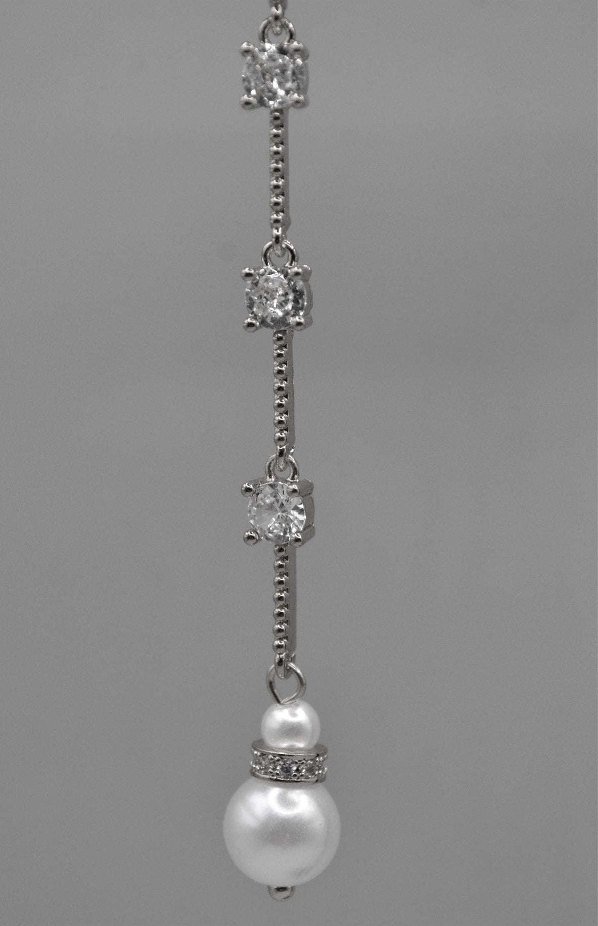 Long pearl and crystal earrings featuring fine linear drop finished with a petite pearl, view 4 at Rebecca’s Louisville