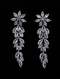 Crystal leaf cascade earrings featuring long botanical drop of marquise-cut stones, product view at Rebecca’s Louisville