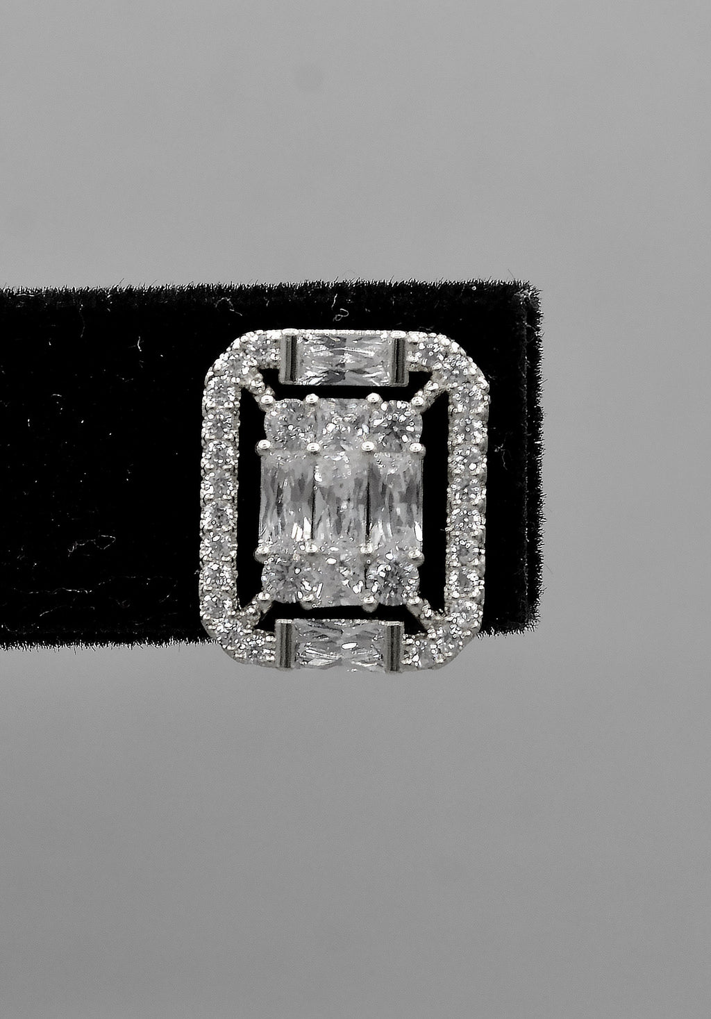 Square halo crystal studs featuring baguette-framed square center with a polished, architectural look, view 4 at Rebecca’s…