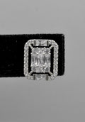 Square halo crystal studs featuring baguette-framed square center with a polished, architectural look, view 4 at Rebecca’s…