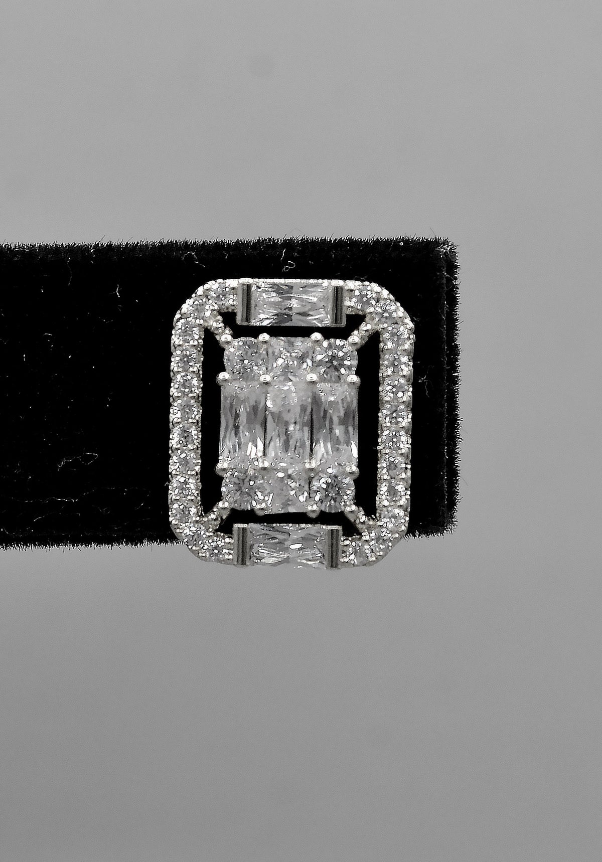 Square halo crystal studs featuring baguette-framed square center with a polished, architectural look, view 4 at Rebecca’s…