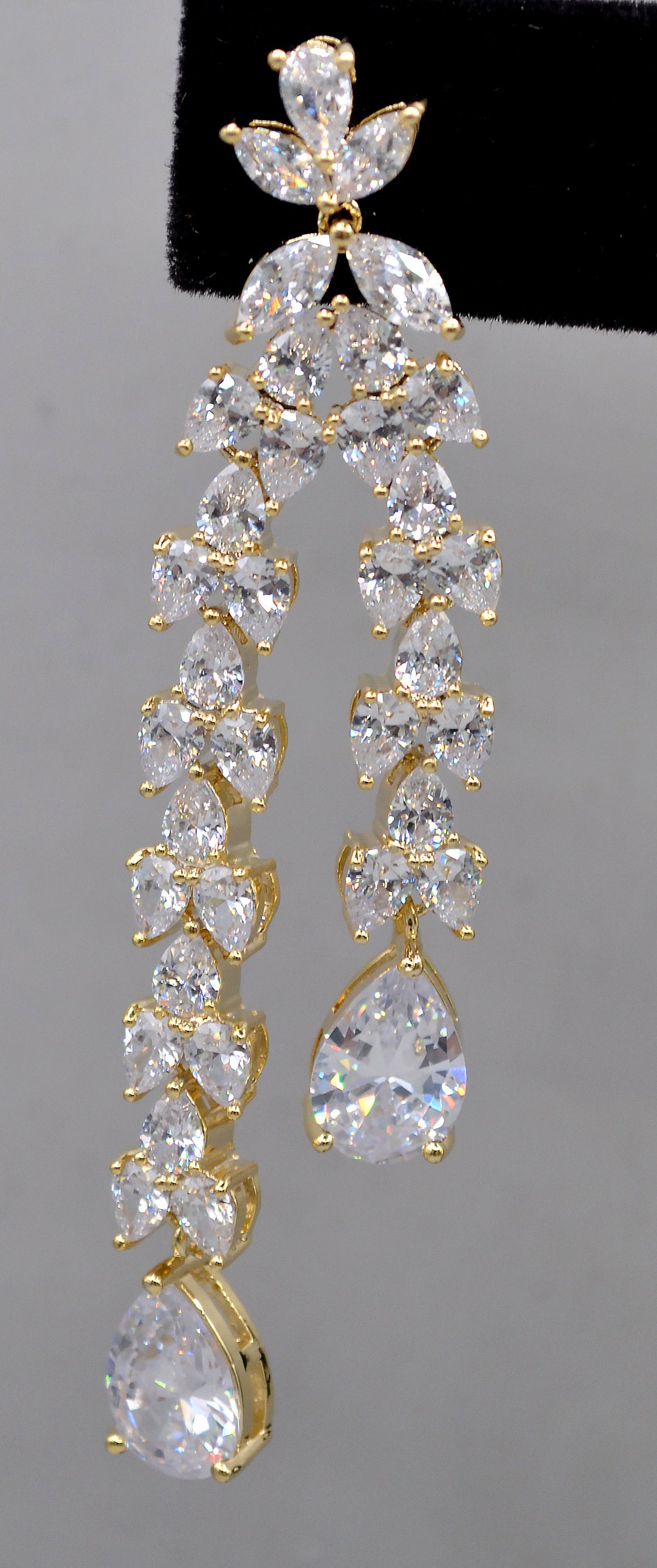 Double-drop crystal earrings featuring airy geometric chain of square and round stones, view 4 at Rebecca’s Louisville