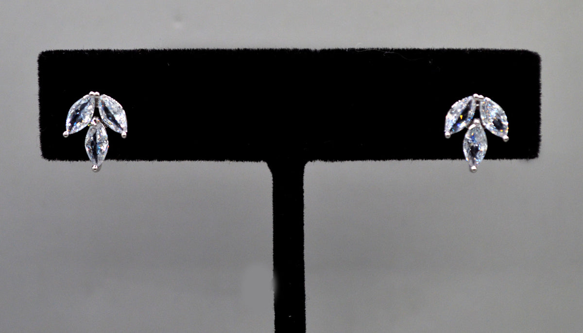 Marquise crystal studs featuring petite leaf-like silhouette with bright clear stones, product view at Rebecca’s Louisville