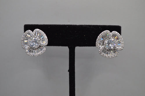 Baguette halo crystal studs featuring round center framed by dimensional baguette-cut stones, alternate view at Rebecca’s…