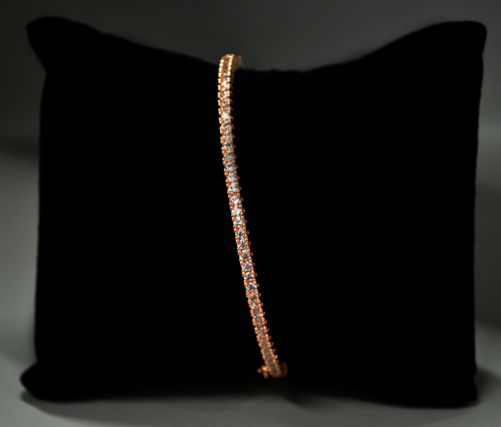 Slim crystal bridal bangle featuring fine row of petite stones for understated sparkle, alternate view at Rebecca’s…